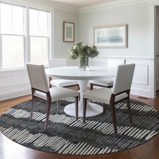8' Charcoal Blue And Ivory Round Striped Washable Indoor Outdoor Area Rug Photo 7