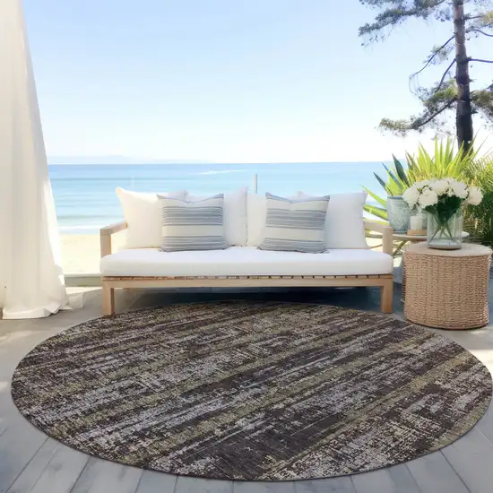 8' Chocolate And Beige Round Striped Washable Indoor Outdoor Area Rug Photo 6