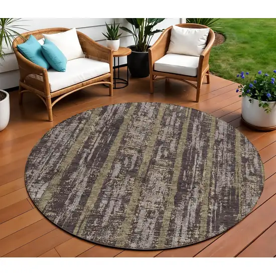 8' Chocolate And Beige Round Striped Washable Indoor Outdoor Area Rug Photo 1