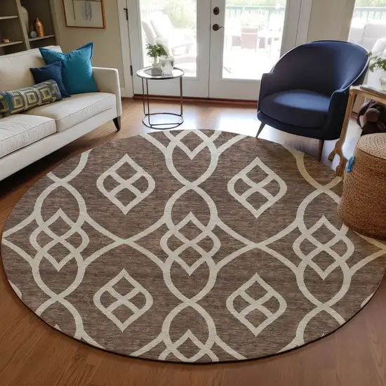 8' Chocolate And Ivory Round Trellis Washable Indoor Outdoor Area Rug Photo 7