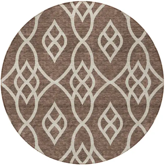 8' Chocolate And Ivory Round Trellis Washable Indoor Outdoor Area Rug Photo 5