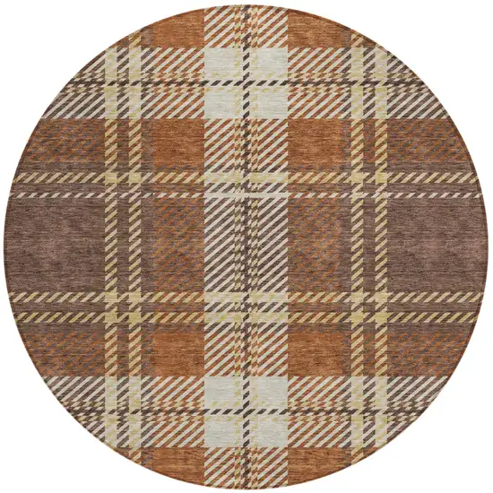 8' Chocolate Copper And Gold Round Plaid Washable Indoor Outdoor Area Rug Photo 2