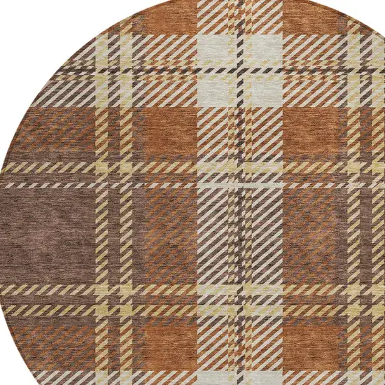 8' Chocolate Copper And Gold Round Plaid Washable Indoor Outdoor Area Rug Photo 4