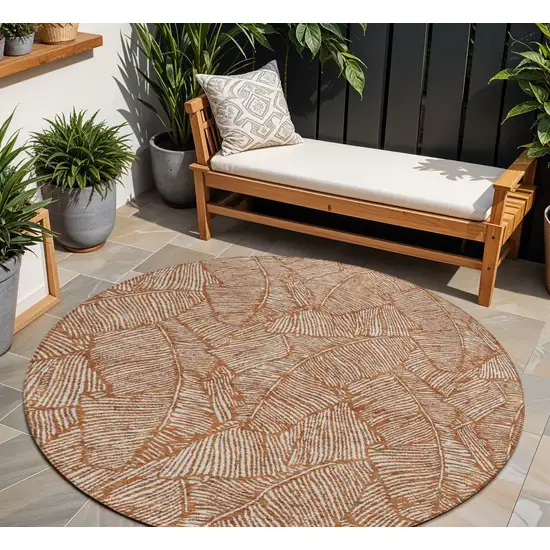 8' Copper And Beige Round Floral Washable Indoor Outdoor Area Rug Photo 1