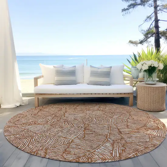 8' Copper And Beige Round Floral Washable Indoor Outdoor Area Rug Photo 7