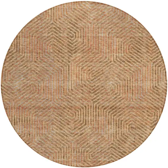 8' Copper Brown And Beige Round Geometric Washable Indoor Outdoor Area Rug Photo 2