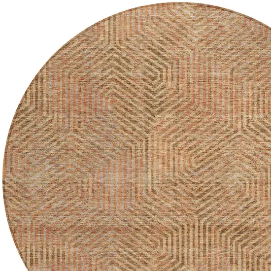 8' Copper Brown And Beige Round Geometric Washable Indoor Outdoor Area Rug Photo 5