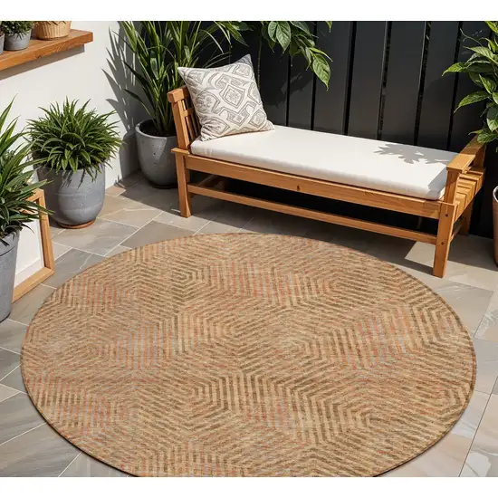 8' Copper Brown And Beige Round Geometric Washable Indoor Outdoor Area Rug Photo 1