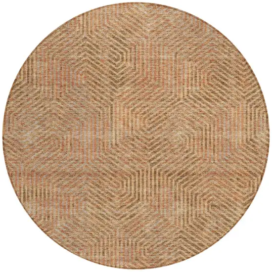 8' Copper Brown And Beige Round Geometric Washable Indoor Outdoor Area Rug Photo 6