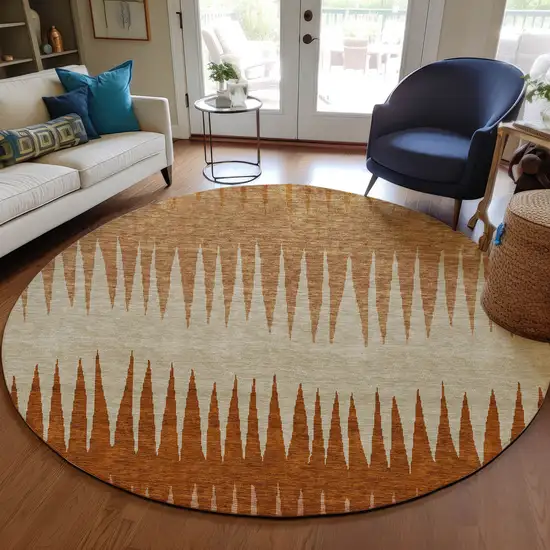 8' Copper Brown And Beige Round Striped Washable Indoor Outdoor Area Rug Photo 8