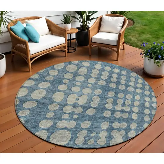 8' Denim Blue And Gray Round Abstract Washable Indoor Outdoor Area Rug Photo 1