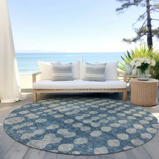 8' Denim Blue And Gray Round Abstract Washable Indoor Outdoor Area Rug Photo 6