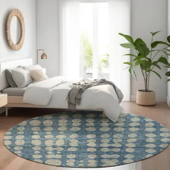 8' Denim Blue And Gray Round Abstract Washable Indoor Outdoor Area Rug Photo 7