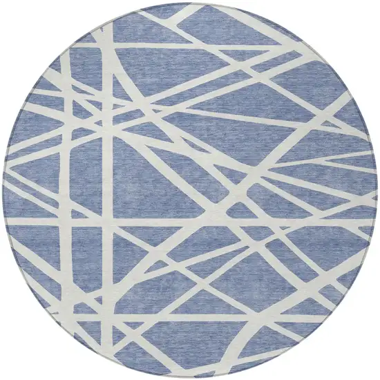 8' Denim Blue And Ivory Round Geometric Washable Indoor Outdoor Area Rug Photo 4