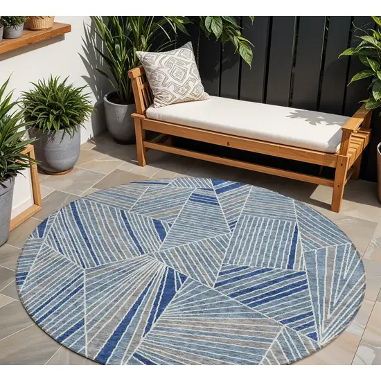 8' Denim Blue Gray And Ivory Round Geometric Washable Indoor Outdoor Area Rug Photo 1