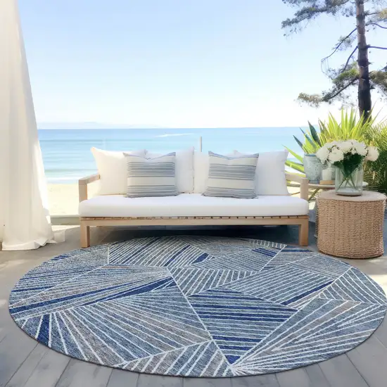 8' Denim Blue Gray And Ivory Round Geometric Washable Indoor Outdoor Area Rug Photo 7