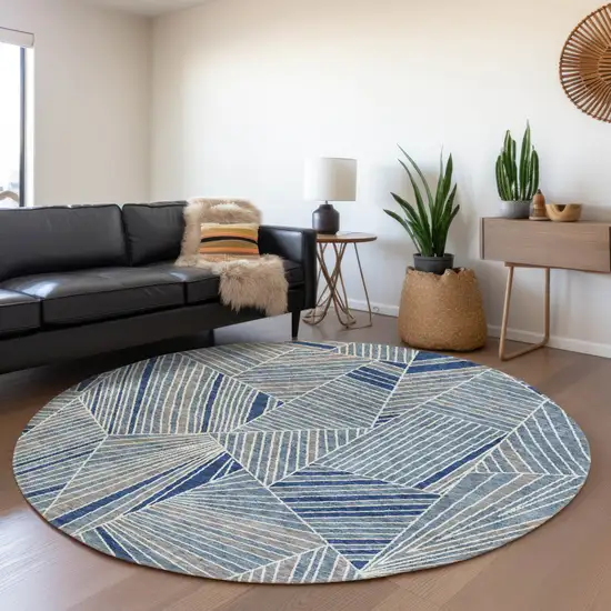 8' Denim Blue Gray And Ivory Round Geometric Washable Indoor Outdoor Area Rug Photo 8