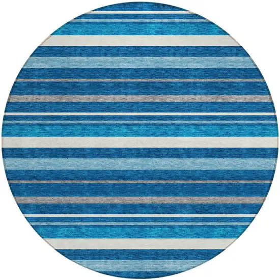 8' Denim Blue Gray And Ivory Round Striped Washable Indoor Outdoor Area Rug Photo 2