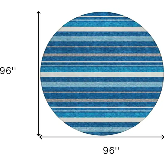 8' Denim Blue Gray And Ivory Round Striped Washable Indoor Outdoor Area Rug Photo 3