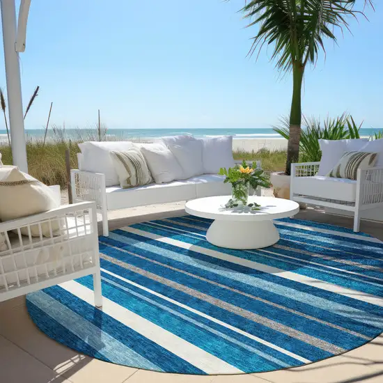 8' Denim Blue Gray And Ivory Round Striped Washable Indoor Outdoor Area Rug Photo 6
