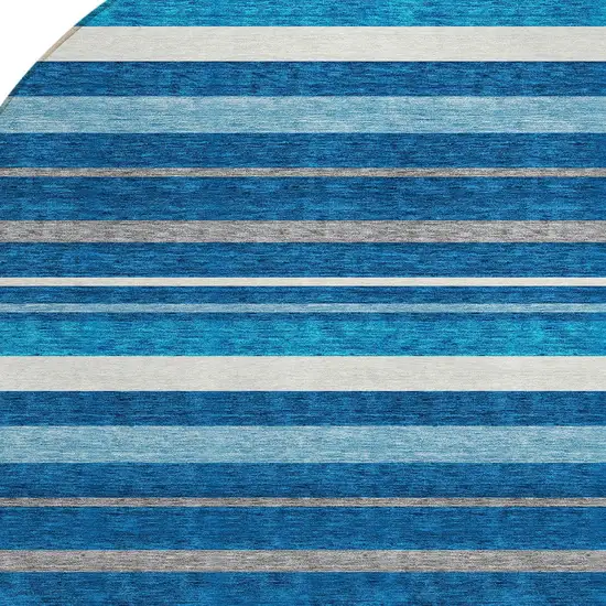 8' Denim Blue Gray And Ivory Round Striped Washable Indoor Outdoor Area Rug Photo 4