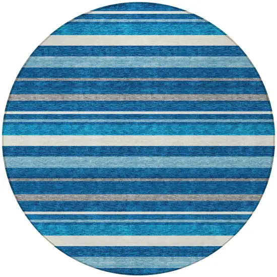 8' Denim Blue Gray And Ivory Round Striped Washable Indoor Outdoor Area Rug Photo 5