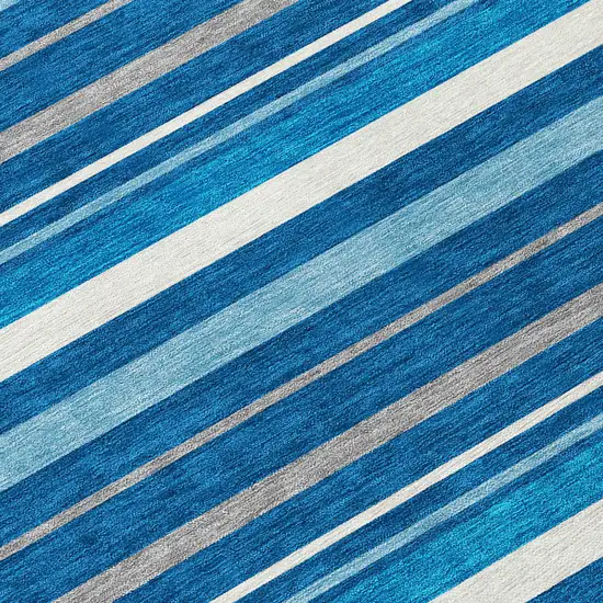 8' Denim Blue Gray And Ivory Round Striped Washable Indoor Outdoor Area Rug Photo 8
