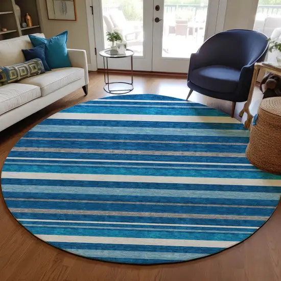 8' Denim Blue Gray And Ivory Round Striped Washable Indoor Outdoor Area Rug Photo 7