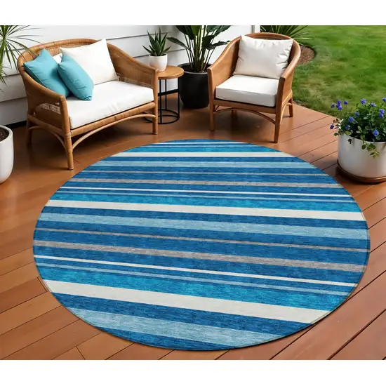 8' Denim Blue Gray And Ivory Round Striped Washable Indoor Outdoor Area Rug Photo 1