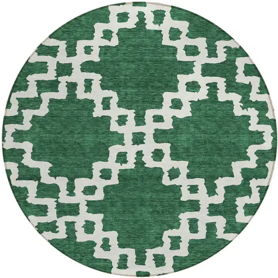 8' Emerald And Ivory Round Geometric Washable Indoor Outdoor Area Rug Photo 2