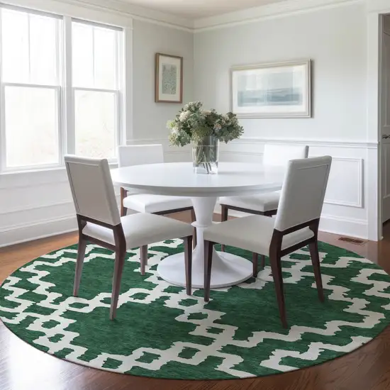 8' Emerald And Ivory Round Geometric Washable Indoor Outdoor Area Rug Photo 6