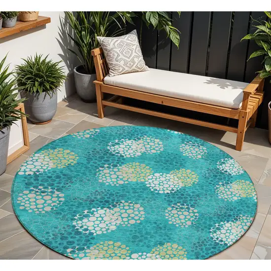8' Emerald Gray And Ivory Round Polka Dot Washable Indoor Outdoor Area Rug Photo 1