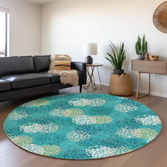 8' Emerald Gray And Ivory Round Polka Dot Washable Indoor Outdoor Area Rug Photo 8