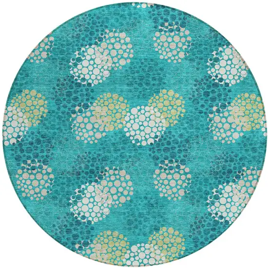 8' Emerald Gray And Ivory Round Polka Dot Washable Indoor Outdoor Area Rug Photo 6