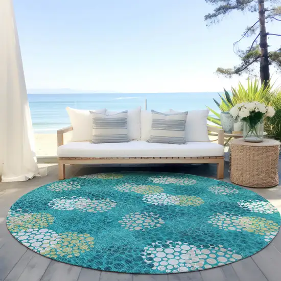 8' Emerald Gray And Ivory Round Polka Dot Washable Indoor Outdoor Area Rug Photo 7