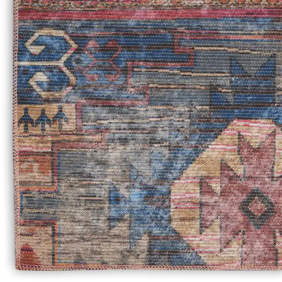 10' Blue and Red Geometric Power Loom Distressed Washable Runner Rug Photo 8