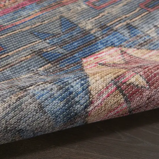 10' Blue and Red Geometric Power Loom Distressed Washable Runner Rug Photo 7