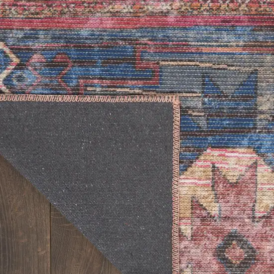 10' Blue and Red Geometric Power Loom Distressed Washable Runner Rug Photo 9