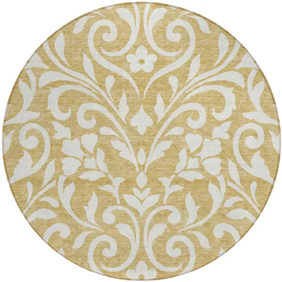 8' Gold And Beige Round Floral Washable Indoor Outdoor Area Rug Photo 2