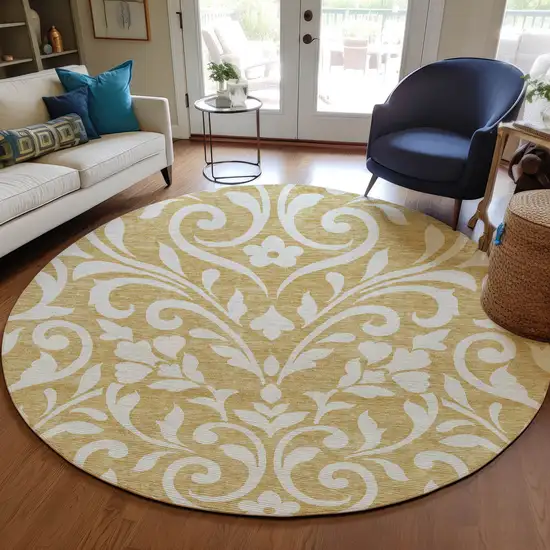8' Gold And Beige Round Floral Washable Indoor Outdoor Area Rug Photo 7