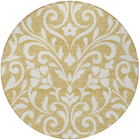 8' Gold And Beige Round Floral Washable Indoor Outdoor Area Rug Photo 5