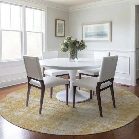 8' Gold And Gray Round Abstract Washable Indoor Outdoor Area Rug Photo 7