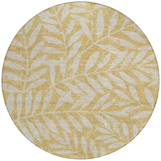 8' Gold And Gray Round Floral Washable Indoor Outdoor Area Rug Photo 5