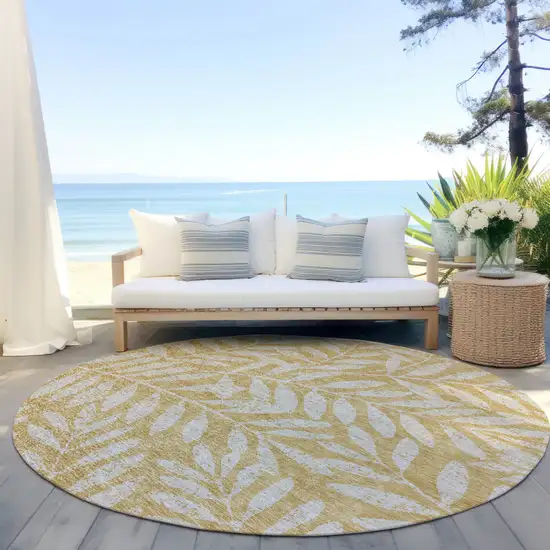 8' Gold And Gray Round Floral Washable Indoor Outdoor Area Rug Photo 6