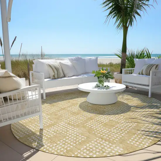 8' Gold And Ivory Round Geometric Washable Indoor Outdoor Area Rug Photo 6