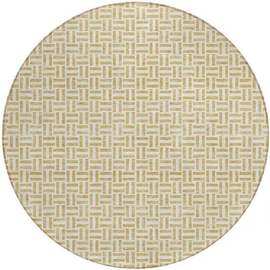 8' Gold And Ivory Round Geometric Washable Indoor Outdoor Area Rug Photo 2