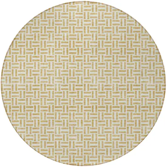 8' Gold And Ivory Round Geometric Washable Indoor Outdoor Area Rug Photo 6