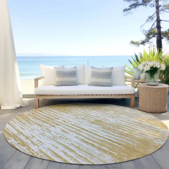 8' Gold Gray And Beige Round Striped Washable Indoor Outdoor Area Rug Photo 6