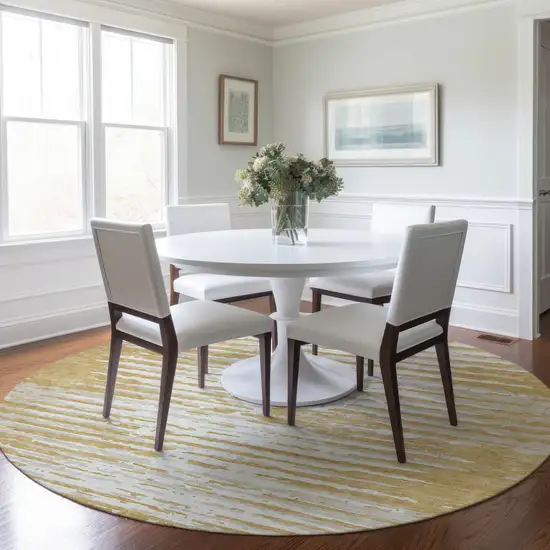 8' Gold Gray And Beige Round Striped Washable Indoor Outdoor Area Rug Photo 7
