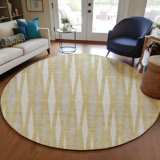 8' Gold Gray And Ivory Round Geometric Washable Indoor Outdoor Area Rug Photo 7